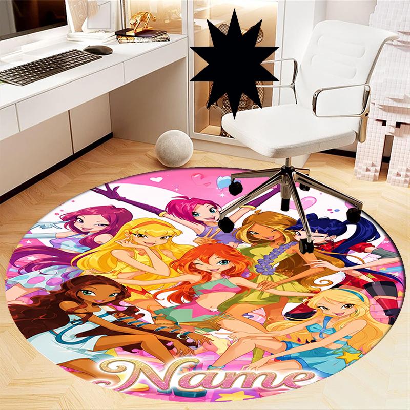 Custom Name Winx Club Printed Round Rug Carpet Chair Rug Area Rug Entryway Doormats,for Office Chair Living Room Bedroom Kitchen Room.