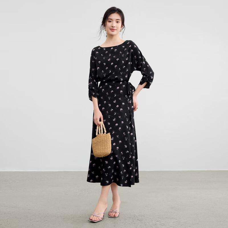 Women's Elegant Floral Nine-Sleeve Midi Tea Dress