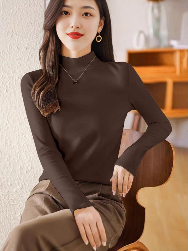 Women's Plus Velvet Half-High Collar Long-Sleeve Fleece Base Layer Top - Autumn/Winter
