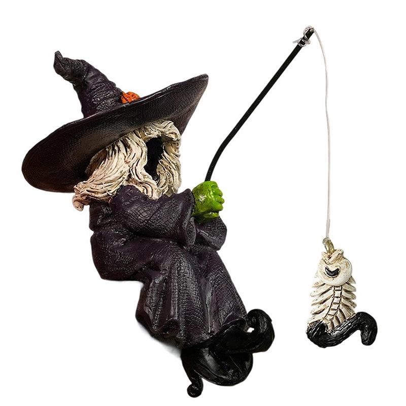 Halloween Witch Fishing Skeleton Fish Statue Outdoor Garden Pond Fisherman Statue Witch Statue Halloween Decorations