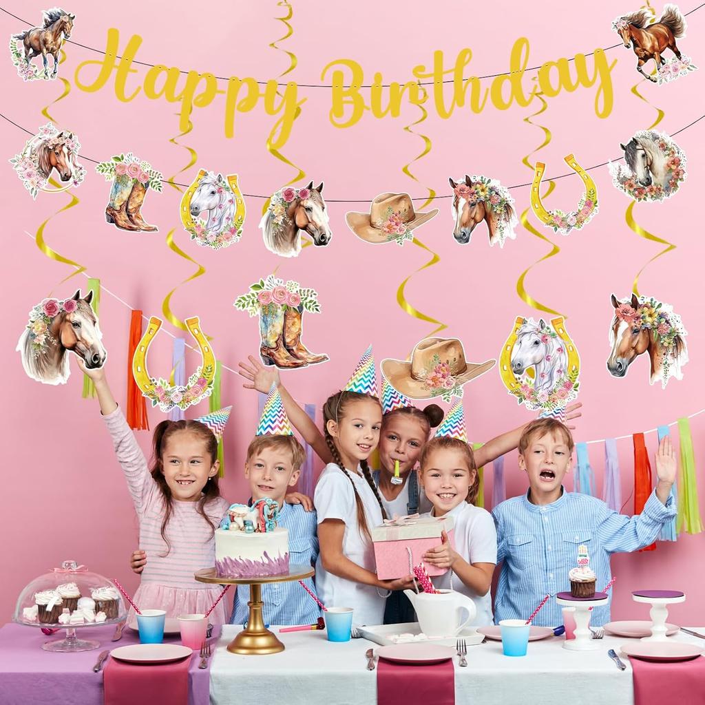 Horse Themed Birthday Party Decorations - NOVBAUB 21PCS Cowgirl Happy Birthday Party Decorations Banner Hanging Swirls Western Cowgirl Hat Boots