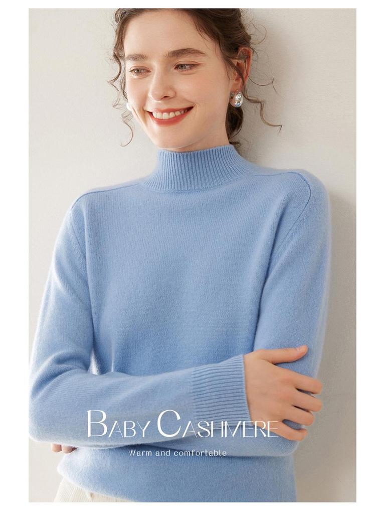 Women's Cashmere Winter Sweater - Half High Neck, Thick Knit, Saddle Shoulder, Loose Fit Pullover.