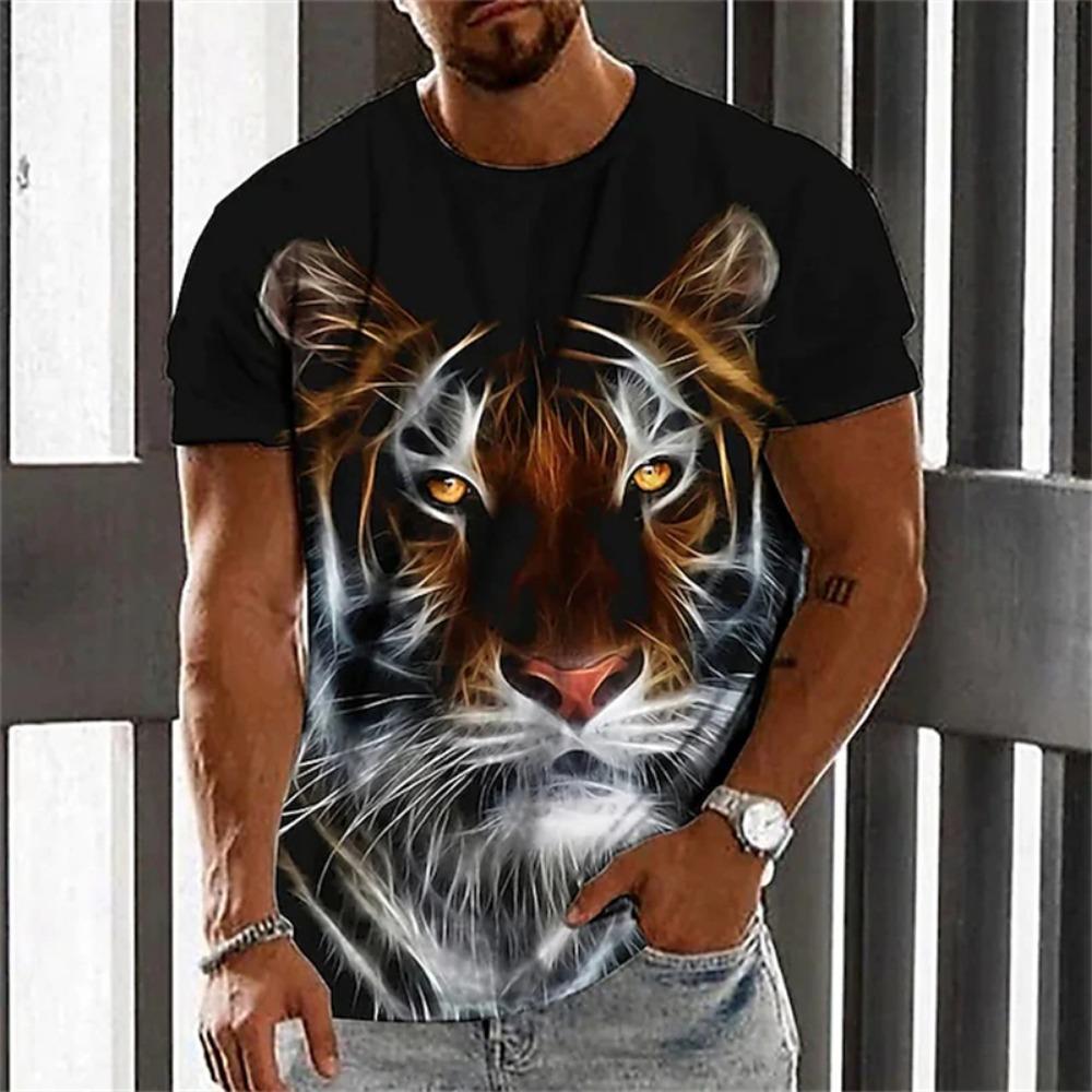 New Fashion Men's Crew Neck Short Sleeve T-Shirt with 3D Wolf and Dragon Print, Men's Casual Sports Streetwear Top