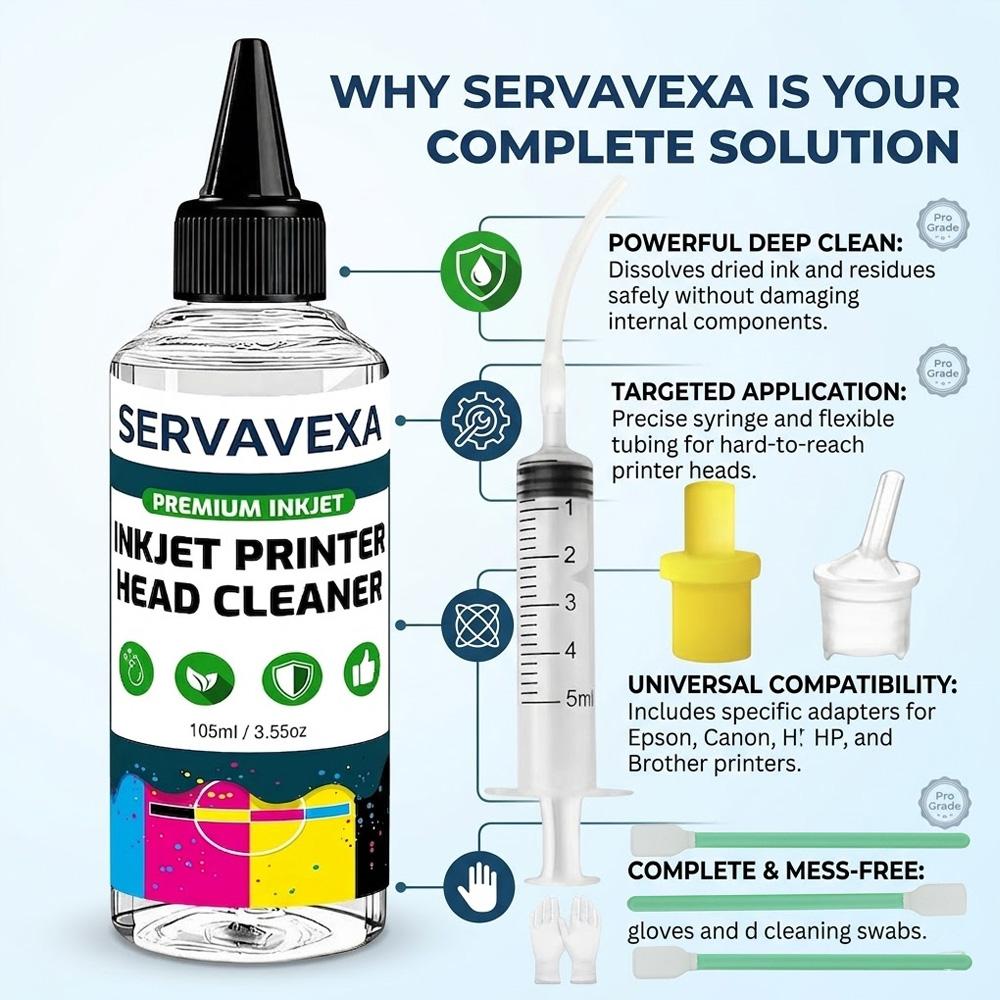 SERVAVEXA Zestaw do czyszczenia głowicy drukarki atramentowej 105 ml dla Epson HP Canon Brother Lexmark - Roztwór i narzędzia do odblokowania dysz głowicy drukującej
