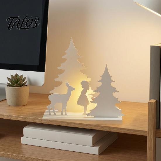 Stable Base Decorative Figurines Christmas Girl Reindeer Tabletop Decor, 3D Printed Fairy Tale Forest Silhouette White Deer Decor with Tree,