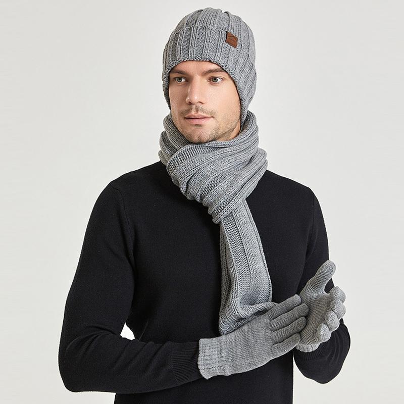 Pălărie de lână tricotată de iarnă, bărbați, femei, pălărie, eșarfă, mănuși, din trei piese, catifea, caldă, șapcă cu mânecă, șapcă, șapcă, șapcă