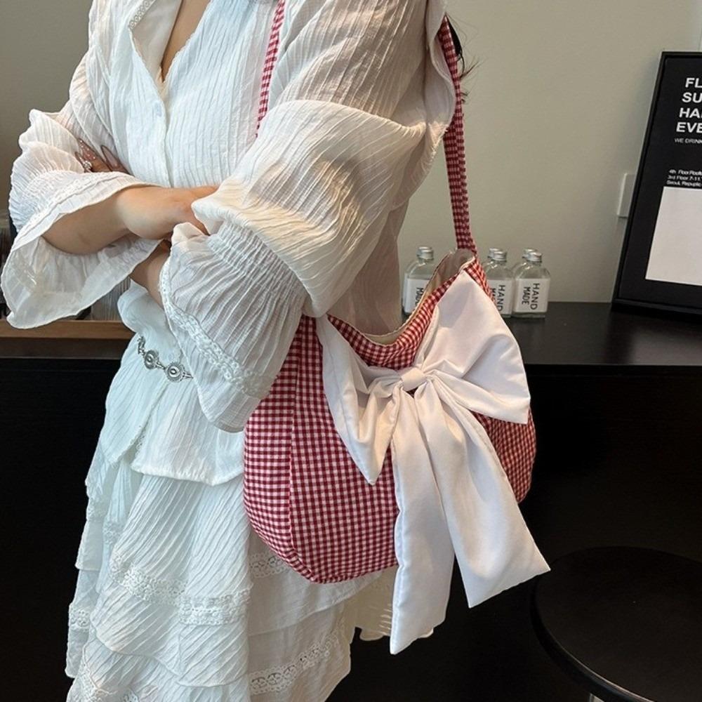 

Lattice Bow Shoulder Bag Japanese Style Canvas Tote Bag Portable Plaid Shoulder Bag Girl червоний