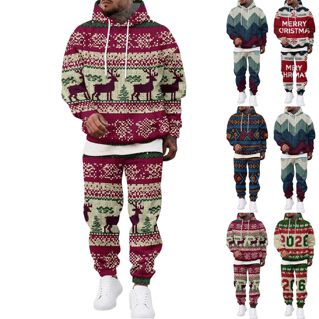 Men's Casual Sweatshirt Set for Fall Winter with Patterned Design, Comfortable Everyday Wear