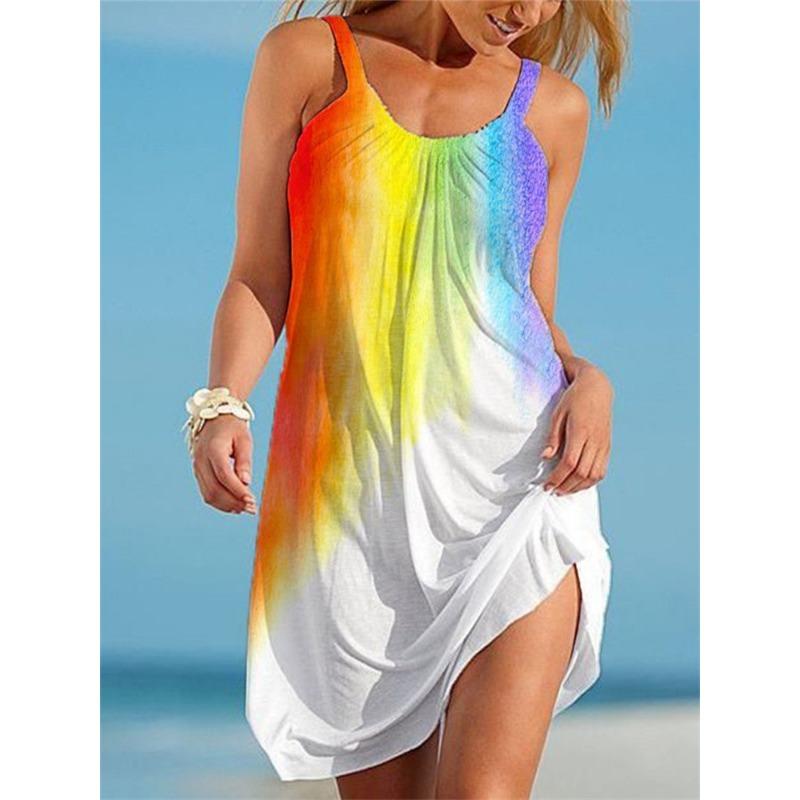 Womens Summer New Rainbow Gradient 3D Print Sleeveless Loose Beach Vacation Midi Dress S