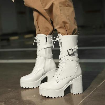 Chaussures d'automne et d'hiver pour femmes Chaussures à talons super hauts et talons épais Bottines à lacets Bottes pour femmes Bottes blanches nude Botte chaude