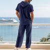 Autumn Casual Linen Hooded Short Sleeve Henley Shirt with Long Pants Set for Men