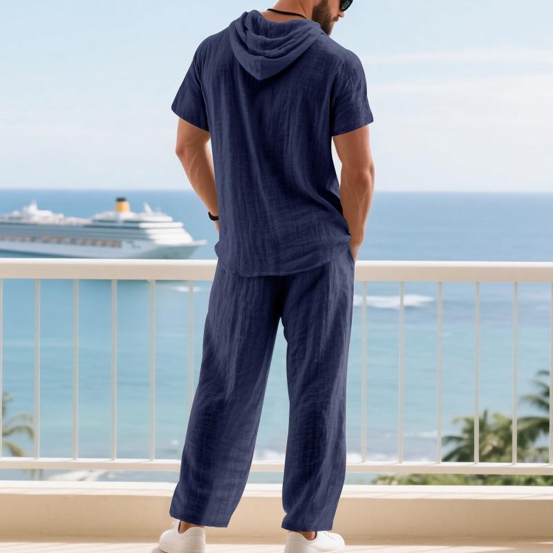 Autumn Casual Linen Hooded Short Sleeve Henley Shirt with Long Pants Set for Men