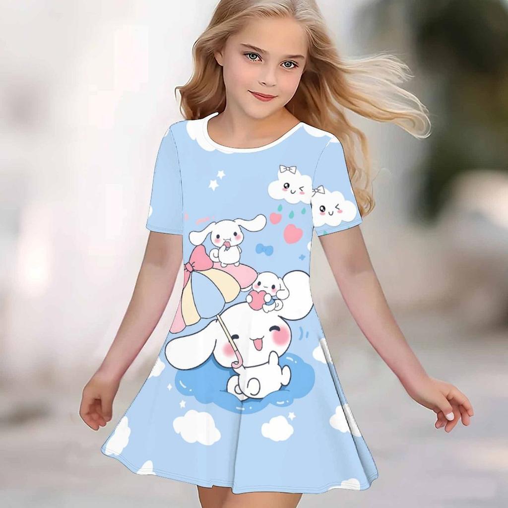 Girls 3D Print Dresses Kids Girl Party Short Sleeve Princess Dress Tank 3D Likable Cartoon Print Dress