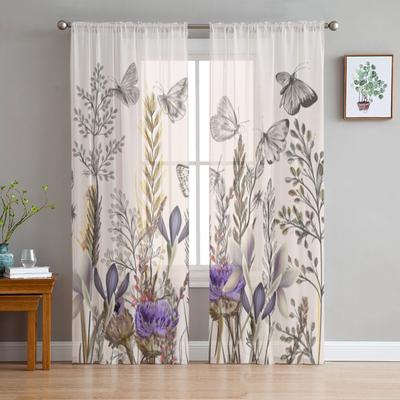 Rideaux Voilages Vintage Herbe Fleur Papillon Pour Salon Chambre Rideaux Tulle Traitements de Fenêtre de Cuisine Panneau Rideaux