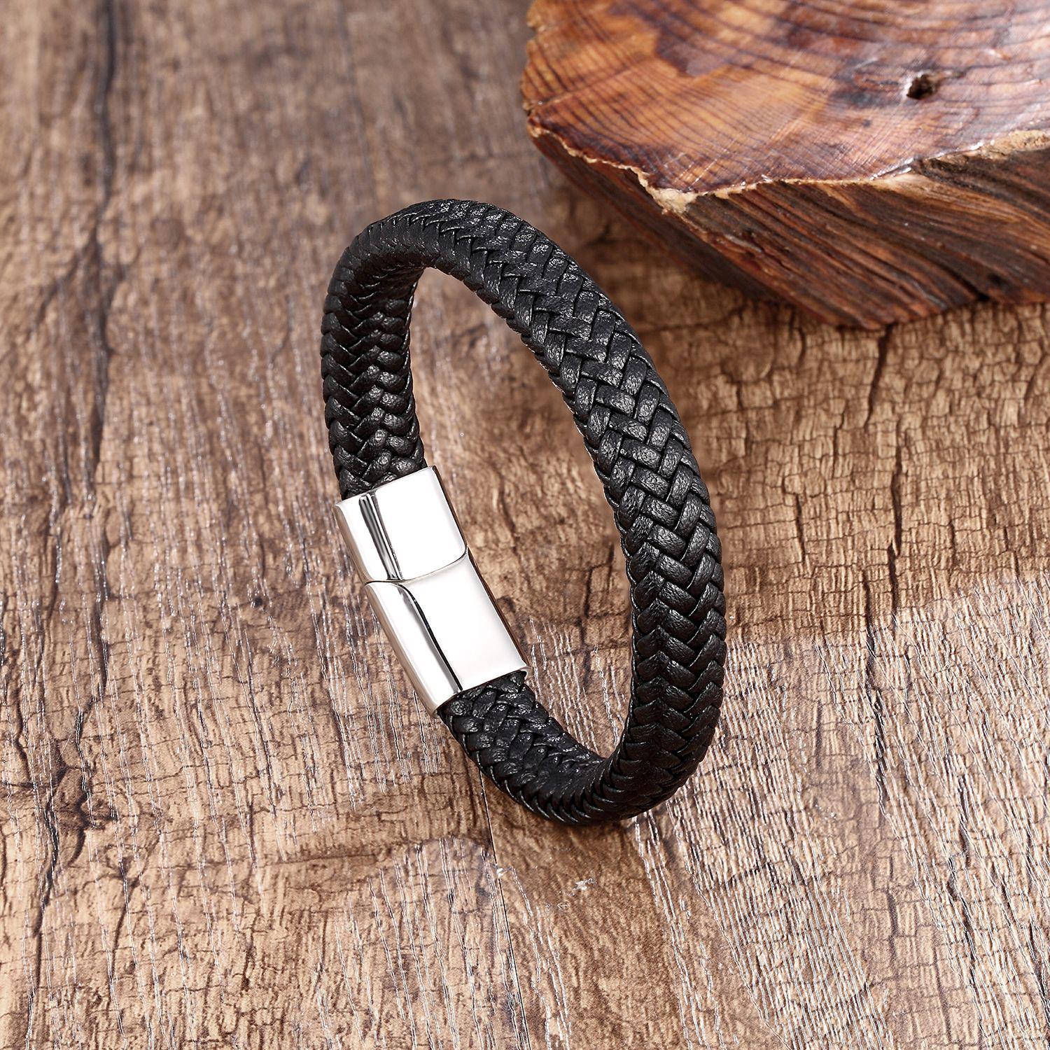 

Мужской минималистичный плетеный браслет-манжета из нержавеющей стали и кожи Black Clasp 21cm