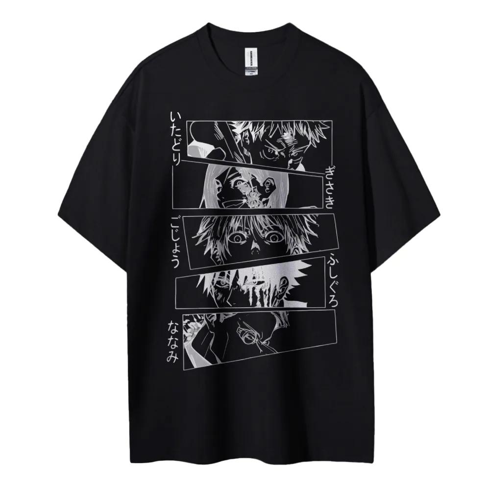 Anime Characters Collage Print Cotton T Shirt 2025 Summer Unisexs Casual Streetwear Loose Fit Japanese Style Black and White