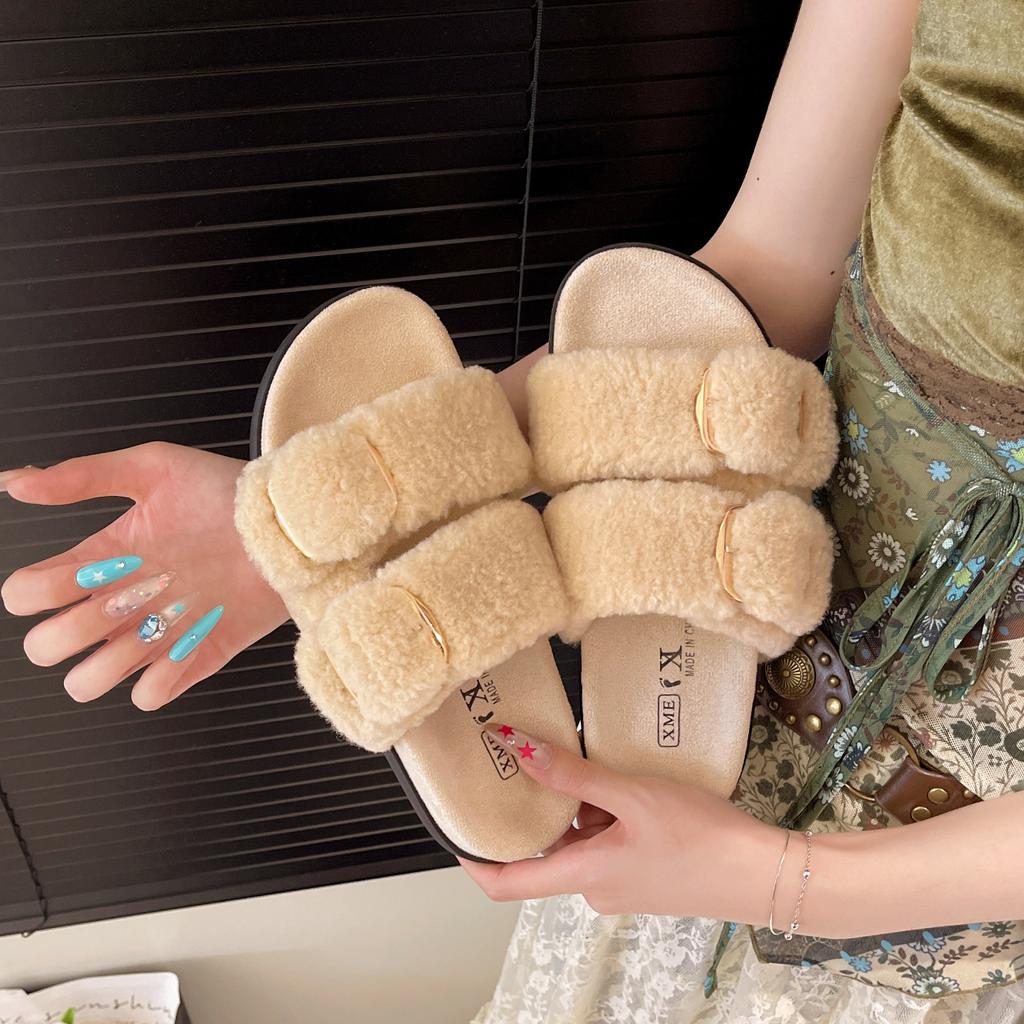 Thick-soled French Simple Open-toed Fluffy Slippers, New Women's Shoes In Autumn and Winter 2025, Wearing Versatile Cotton Slippers for Women