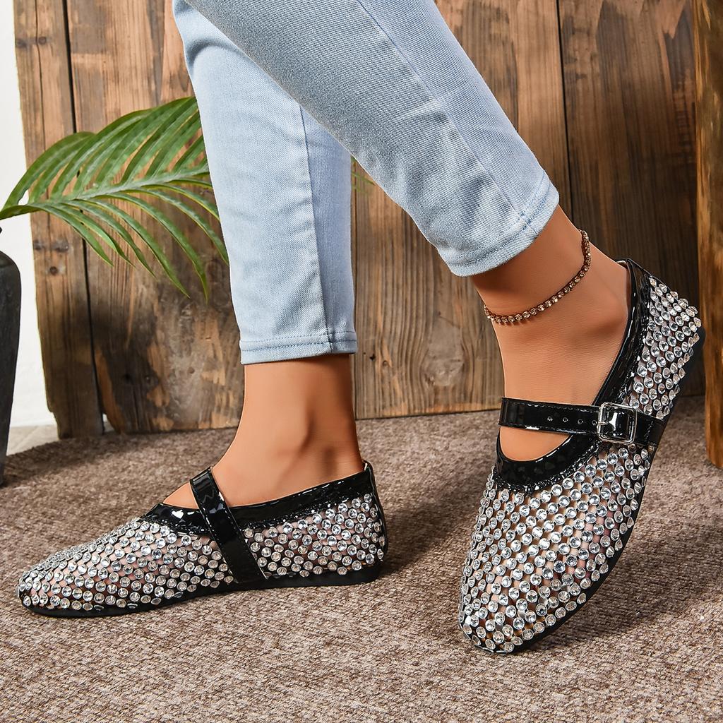 Fashion Women Sandals Mesh Rhinestone Women Ballet Flat Loafers Shoes Summer Luxury Sandals Ladies Round Toe Women Sandals  Womens Shoes