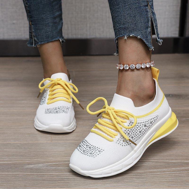 Knitted Mesh Sneakers Ladies Fashion Rhinestone Breathable Casual Running Shoes Tennis Shoes