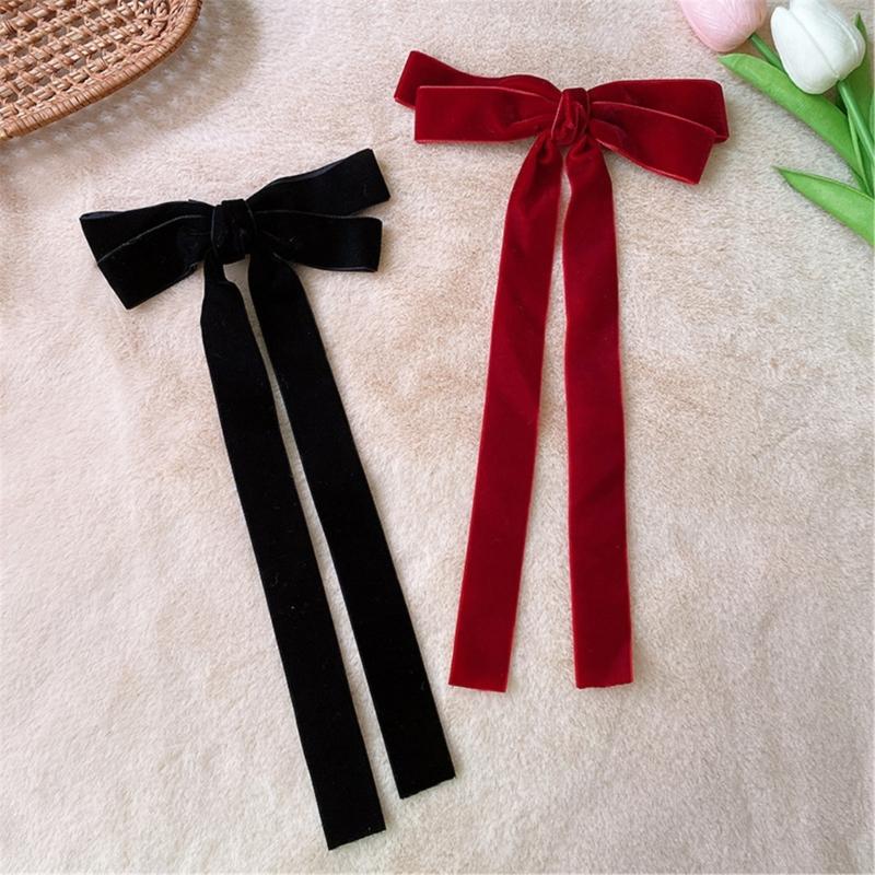 Long Ribbon Bowknot Velveted Hair Clip for Women and Girl Large Barrettes Ponytail Holder for Various Hair Styling Clip