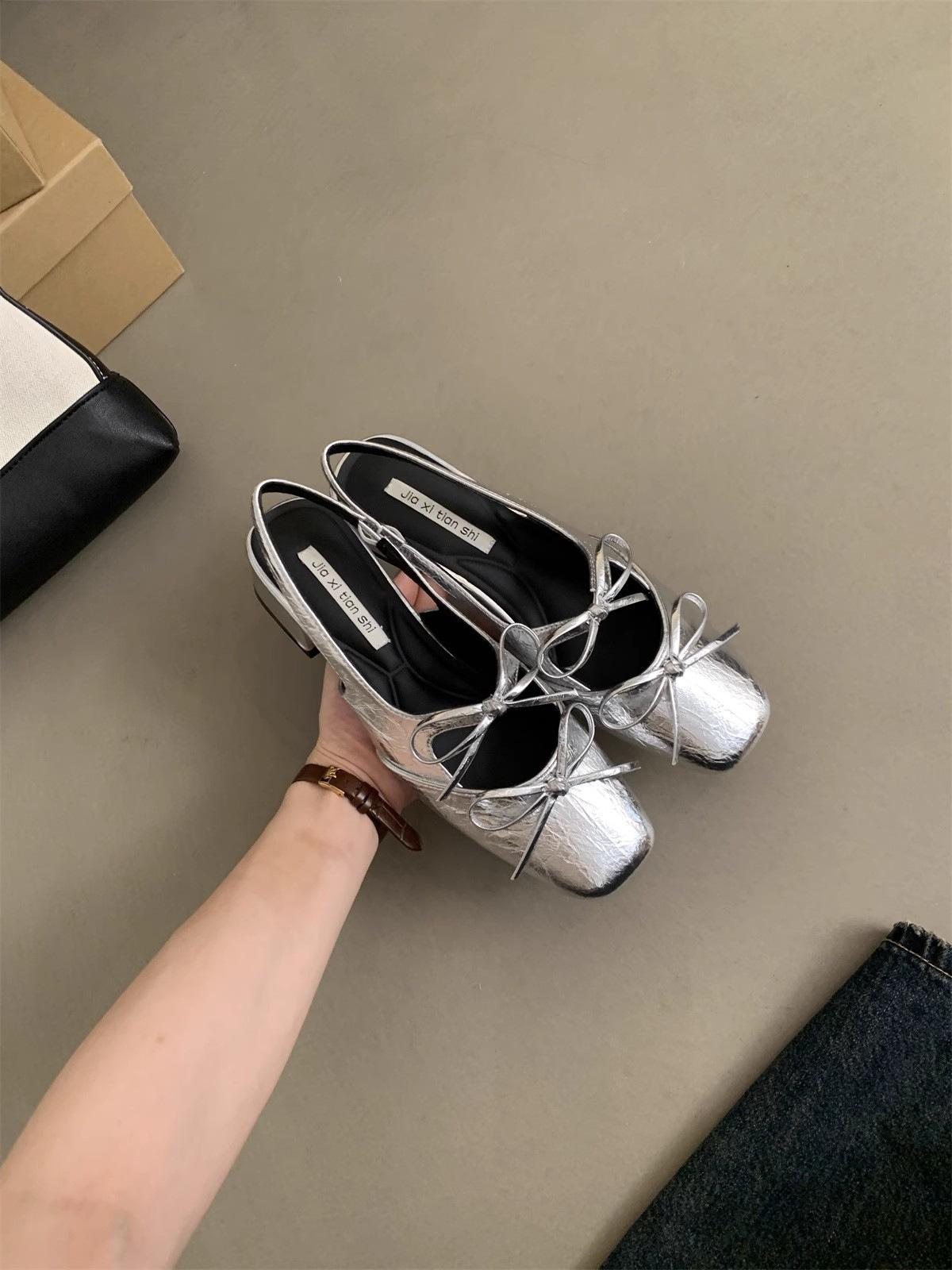 

Женские балетки с серебряным бантом и квадратным носком, летние дизайнерские туфли на каблуке, женские модные модельные туфли с Singbacks, женские уличные кожаные сандалии 39