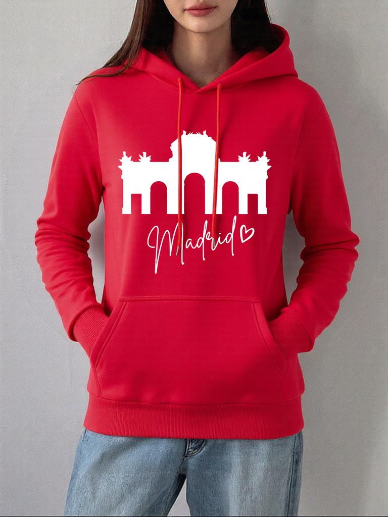 Madrid Alcala Sliding Door Printed Hoodie Women Winter Fleece Warm Sweatshirt Basics Pocket Pullover Casual Loose Womans Clothes