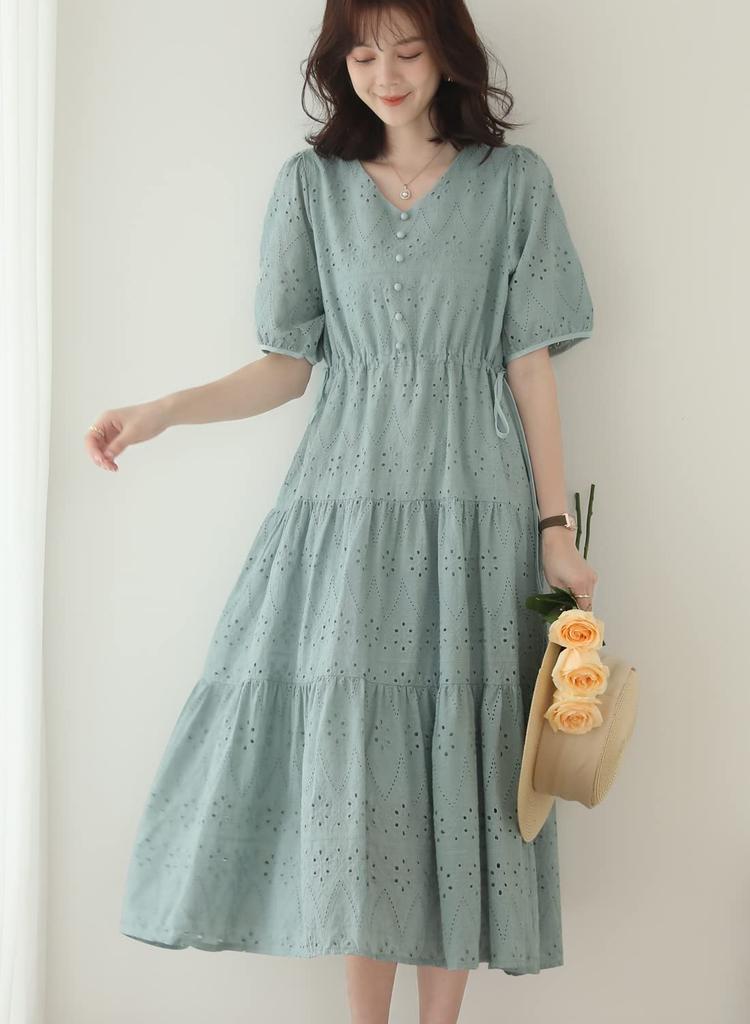 Sueeya Long Dress with Embroidered Short Puff High Stylish Perfect for and Outings in Summer Women's Lace, Sleeves, Ruffles, Sleeves, Waist, Ribbon,