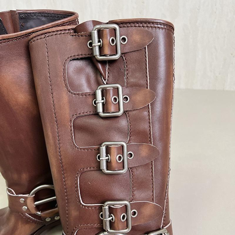 Catwalk Model, Belt Buckle, Thick Heel, Martin Boots, Women's Spring and Summer Retro, But Knee Boots, Western Boots.