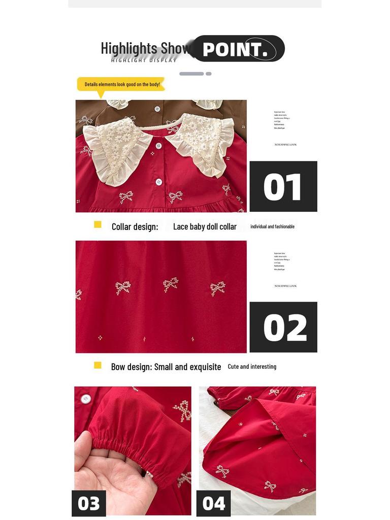 Spring Lace Collar Dress for Girls - Bow Embroidered Princess Skirt