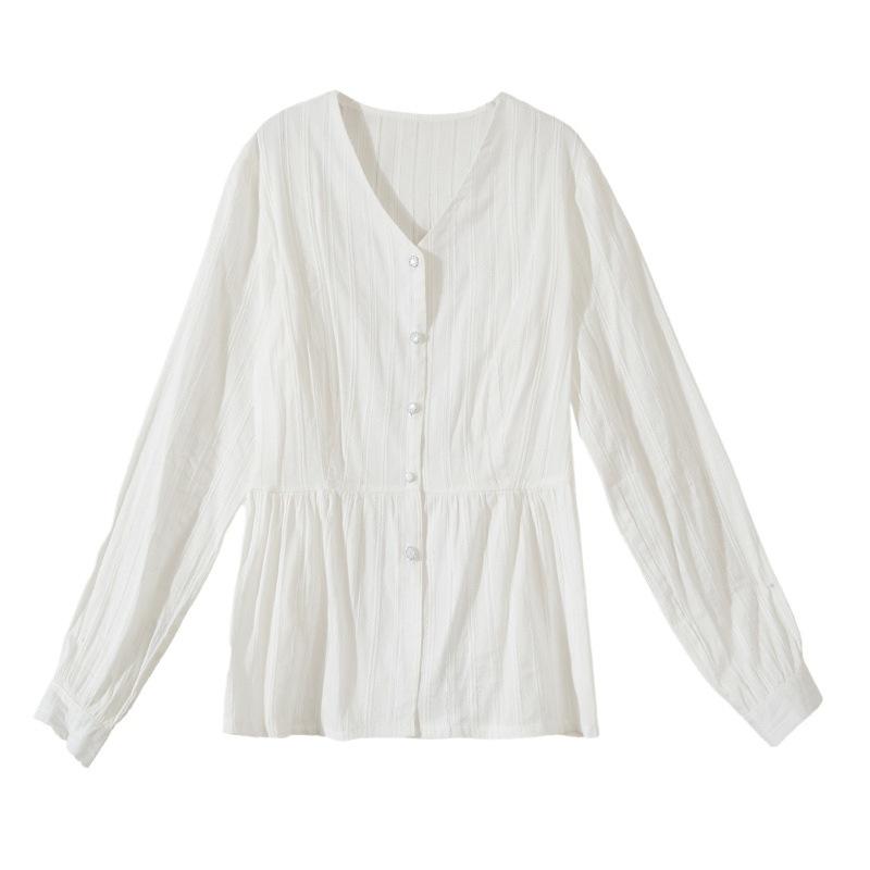 French V-neck Chiffon Shirt Women's Spring   White Long-sleeved Shirt Temperament Waist Skirt Shirt