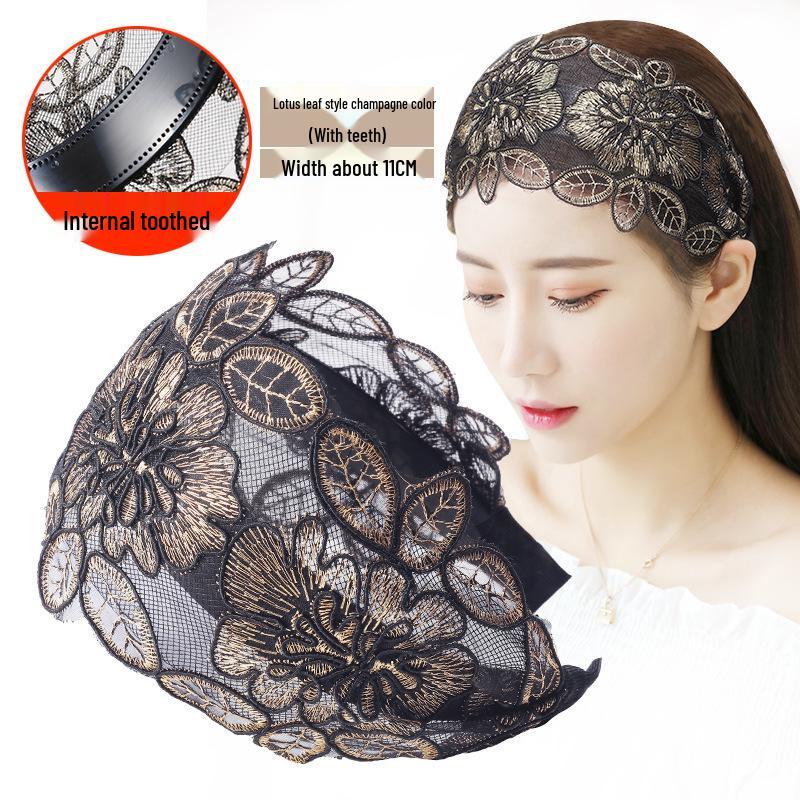 Korean Ethnic Style Embroidered Headband: Wide Lace Hairband for Concealing White Hair, Slimming Face Effect, Fashionable Hair Clip Accessory