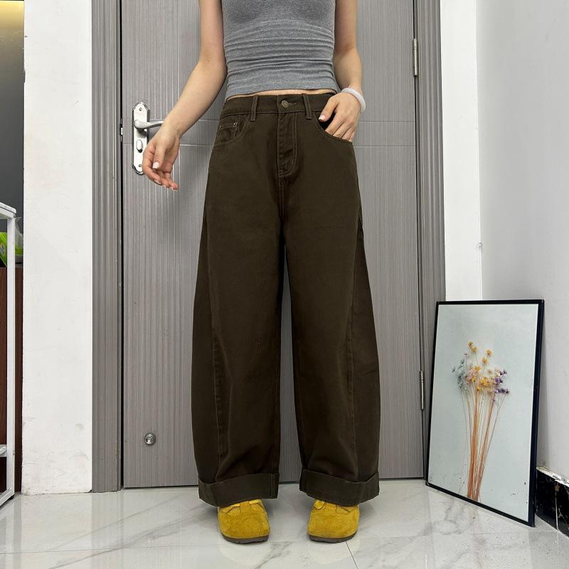 

Plus Size Coffee Nine-Point Jeans: Retro, High Waist, Slim Fit, Wide Leg for Pear Shape Women M