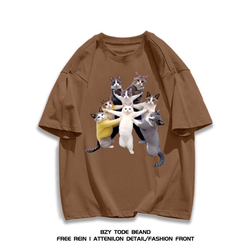 Korean Style Cat Print Cotton T-shirt - Trendy Loose Fit, Unisex Summer Casual