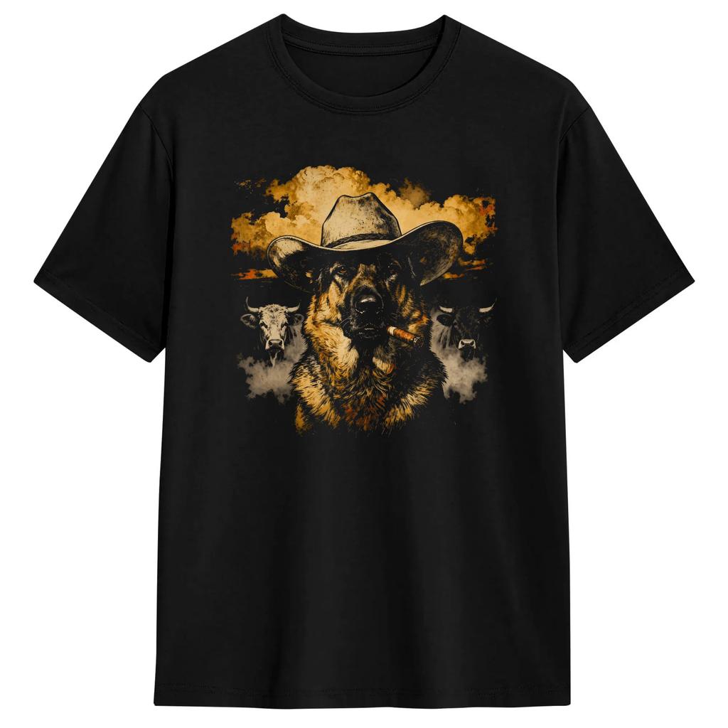 Gerunisex Shepherd Western Graphic Cowboy Dog Smoking Humor Tshirt Beach Fashion Tshirts Pure Cotton Crew Neck Plus Size Tees