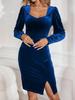 European & American Velvet Dress: 2024 Autumn/Winter Square Neck, Leg-of-Mutton Sleeves, Elegant Slit Slim Fit.