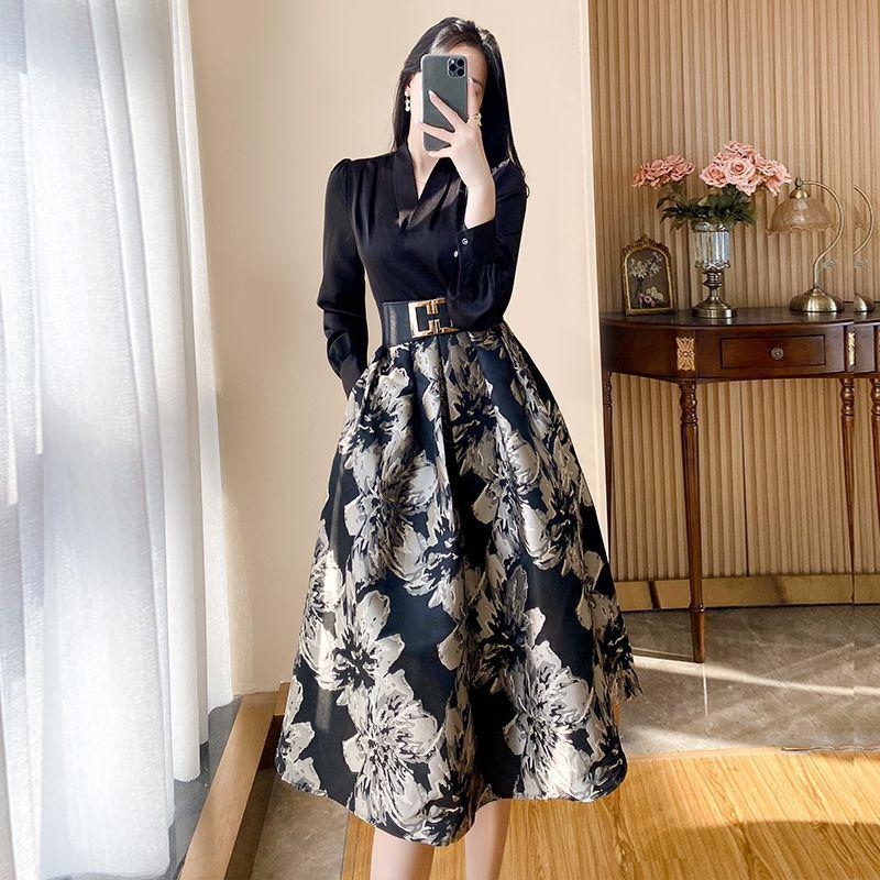 

Women s 2025 Floral Chic Dress: Two-Piece French Tea Style, Large Swing Skirt, Spring/Autumn Temperament XL (suggested 120-130 jin) чорний