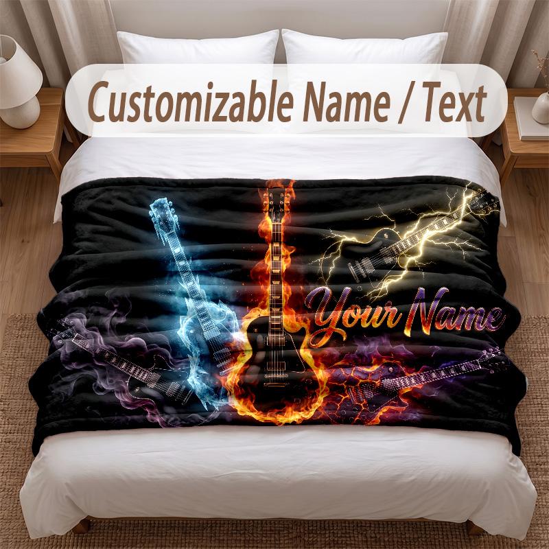 Music Guitar Theme Soft Blanket Personalized Custom Name Text Print Warm Blanket Home Sofa Bedroom Decor