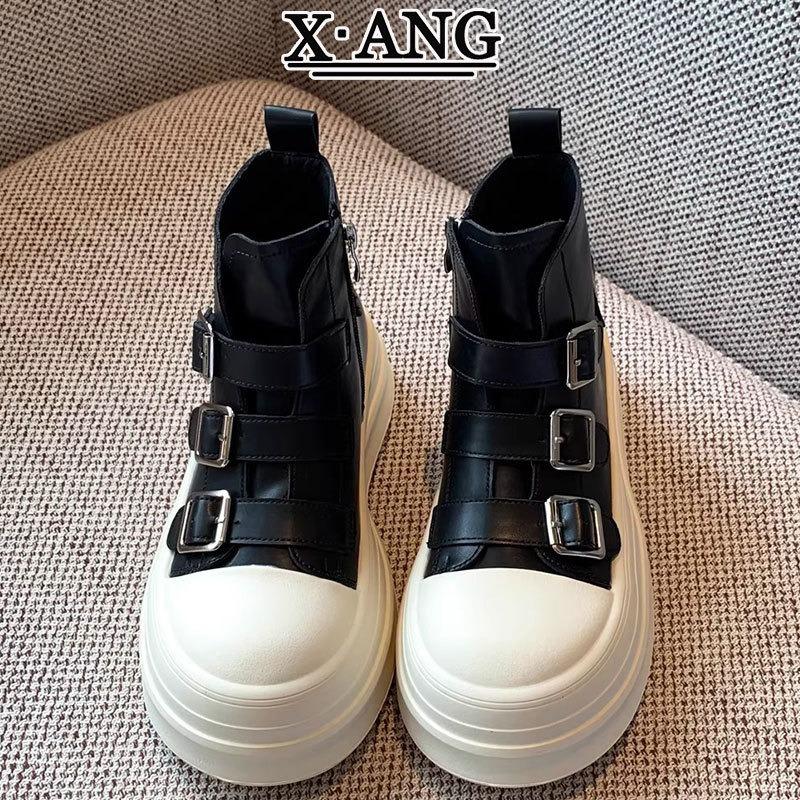 Leather Martin boots women's muffin thick sole heightening small short boots autumn and winter new casual high-top shoes women