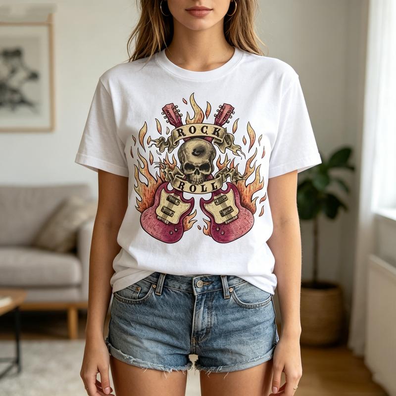 Vintage Rock Music Tee Guitar Skull Flame Print Unisex Unisex Cotton Short Sleeve Trendy Streetwear Gift For Band Concert Fans