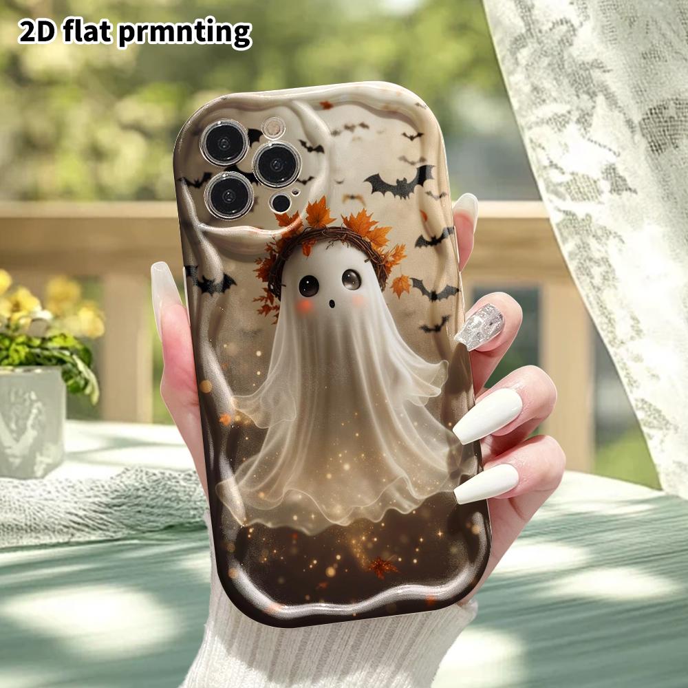 Phone Case: 2D Flat Design, Fits iPhone 12 To 18 Pro, Phone Decoration, Transparent Ghost with Wreath, Perfect for Halloween and Christmas Gifts