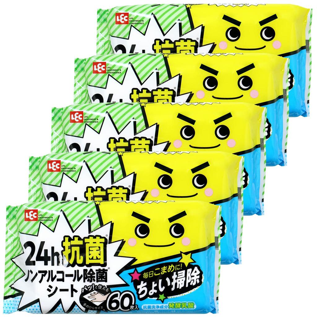 LEC Gekiochikun Quick Cleaning 60 Sheets with Fermented Lactic an Antibacterial Cleaning Agent Sheets, Alcohol-Free Disinfectant, 24-Hour