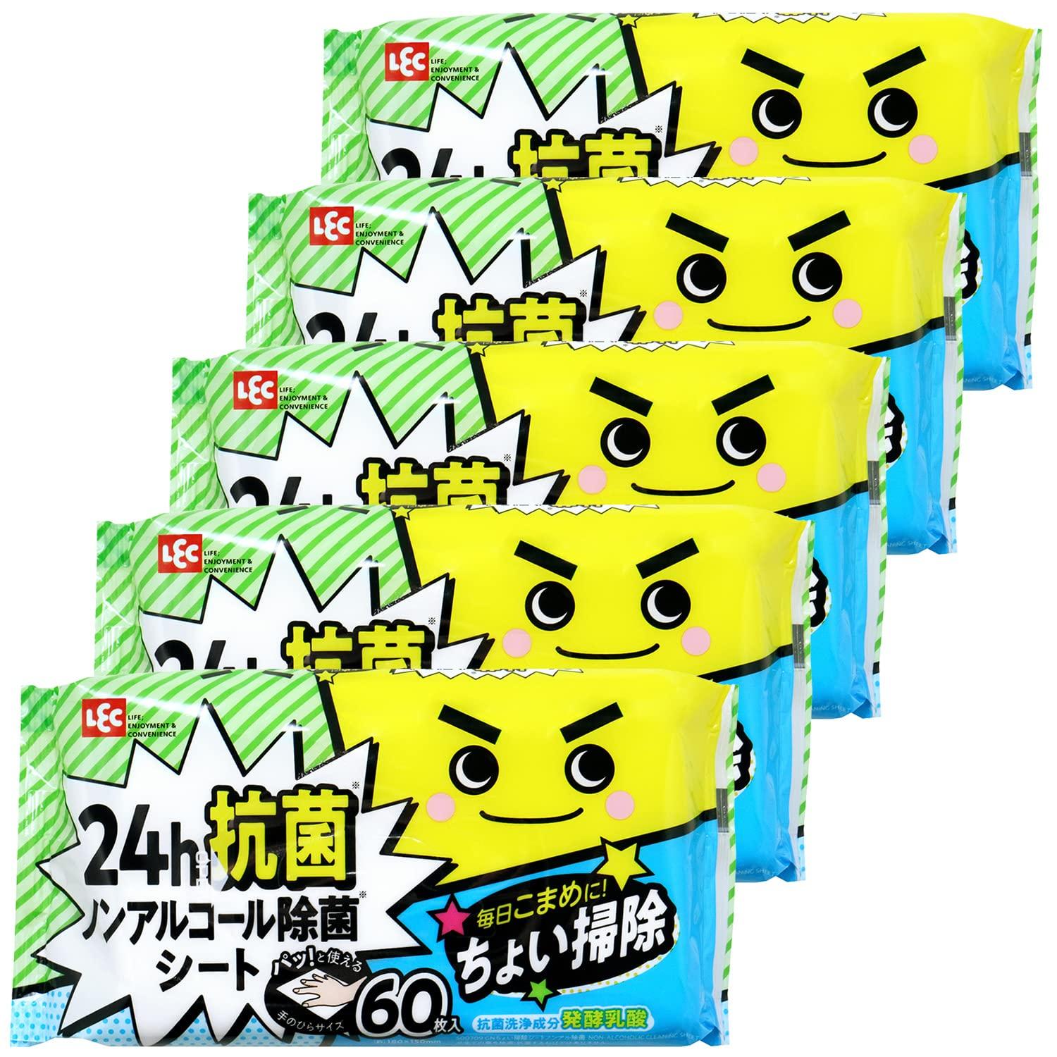 

LEC Gekiochikun Quick Cleaning 60 Sheets with Fermented Lactic an Antibacterial Cleaning Agent Sheets, Alcohol-Free Disinfectant, 24-Hour