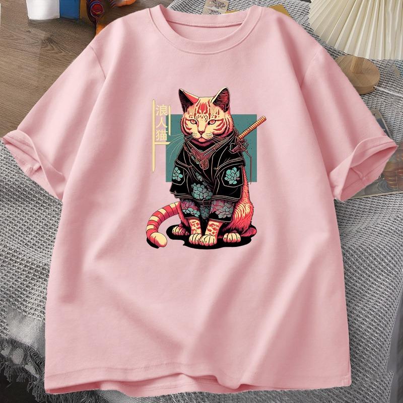 Japanese Samurai Cat Tattoo Graphic T Shirt Kawaii Ninja Cat TShirt Print Cotton Short Sleeve Tshirt Unisex Clothing Top Camisetas