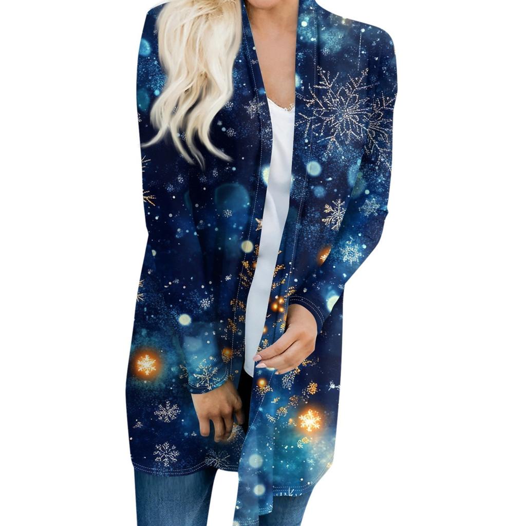 Women's Fashionable And Casual Christmas Printed Mid Length Cardigan Long Sleeved Jacket