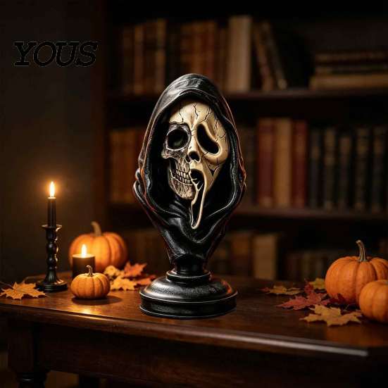 Skull Texture Bust Halloween Ghost Face Skeleton Statue, Spooky Resin Figurine, Horror Themed Bar Decor Collectible Tabletop Decoration