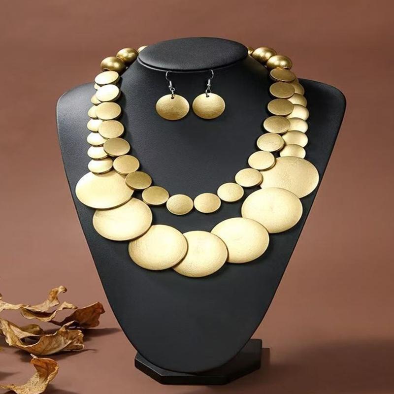Round Disc Statement Necklace with Earrings Double-layer Design, Wood-Look Finish Fashion Jewelry Set for Party Styling