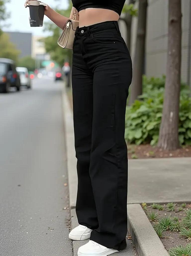 Black Washed Elastic Straight-Leg Women's Jeans