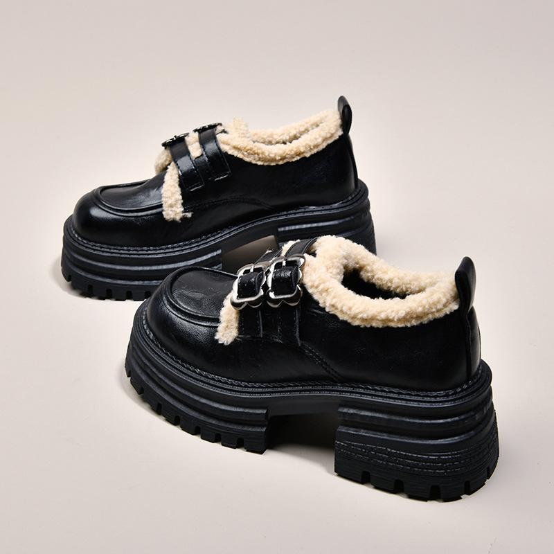 

Black velvet thickened British style platform loafers women s 2025 new autumn and winter round head retro Mary Jane single shoes 40 чорний