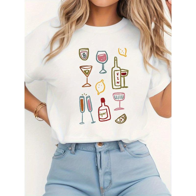 

Women s Hand-Drawn Cocktail & Wine Chart T-Shirt - White & Black Short Sleeve Casual Tee with Martini, Daiquiri, S белый