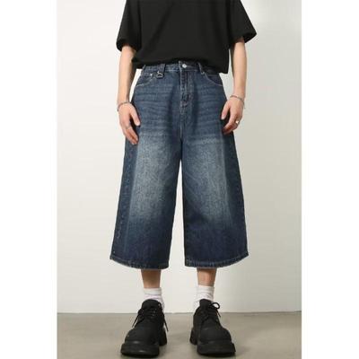 Men's Summer Loose Wide Leg Jeans Washed Vintage Aged Straight Seven Point Shorts
